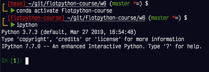 dans le terminal, le prompt nous montre le venv courant, ici d’abord base, puis ensuite flotpython-course
