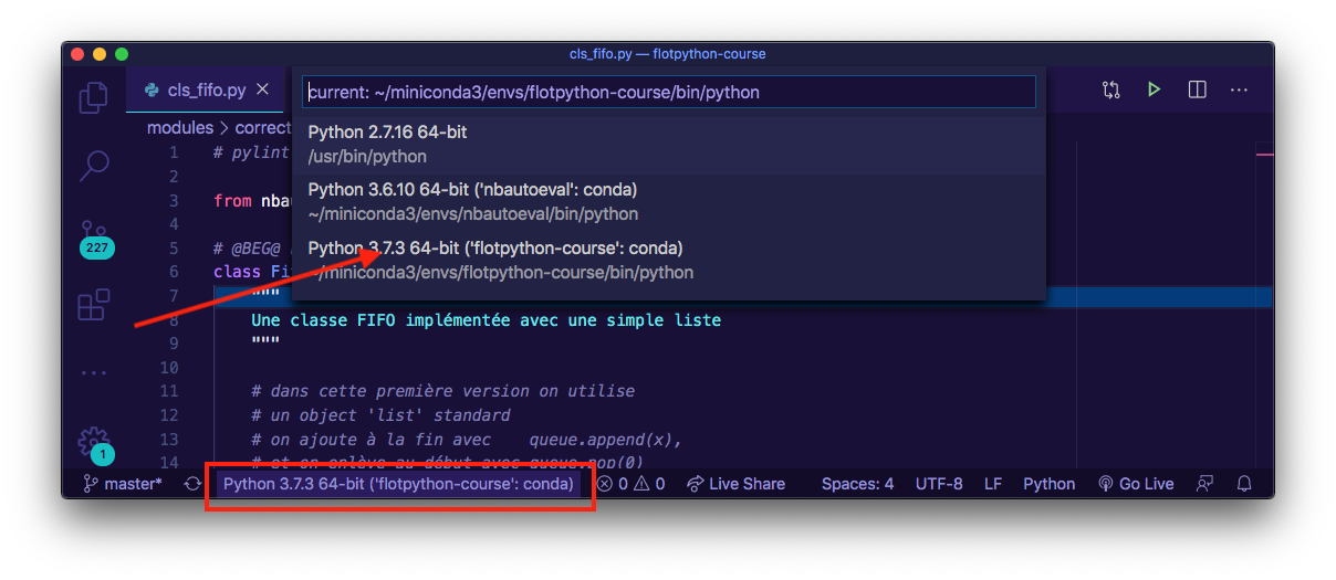 vs-code nous montre le venv courant et nous permet de le changer